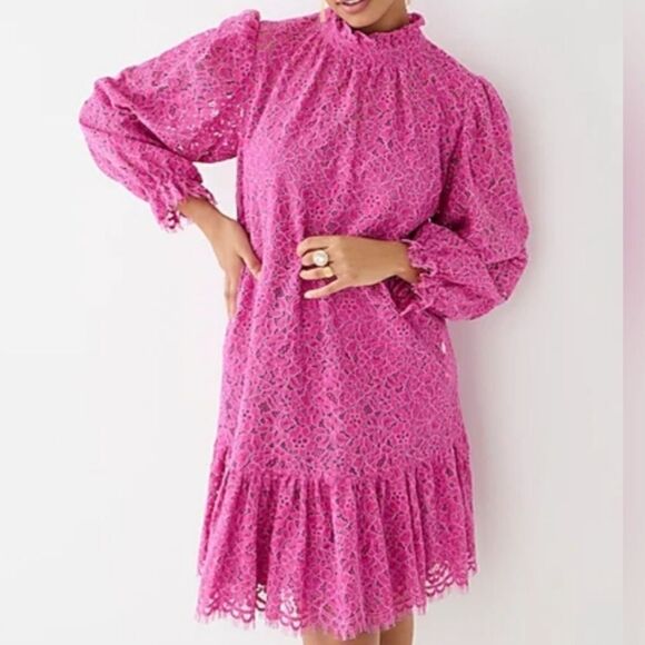 🔥JCrew Pink Lace Dress Size XS New Ruffleneck lace dress